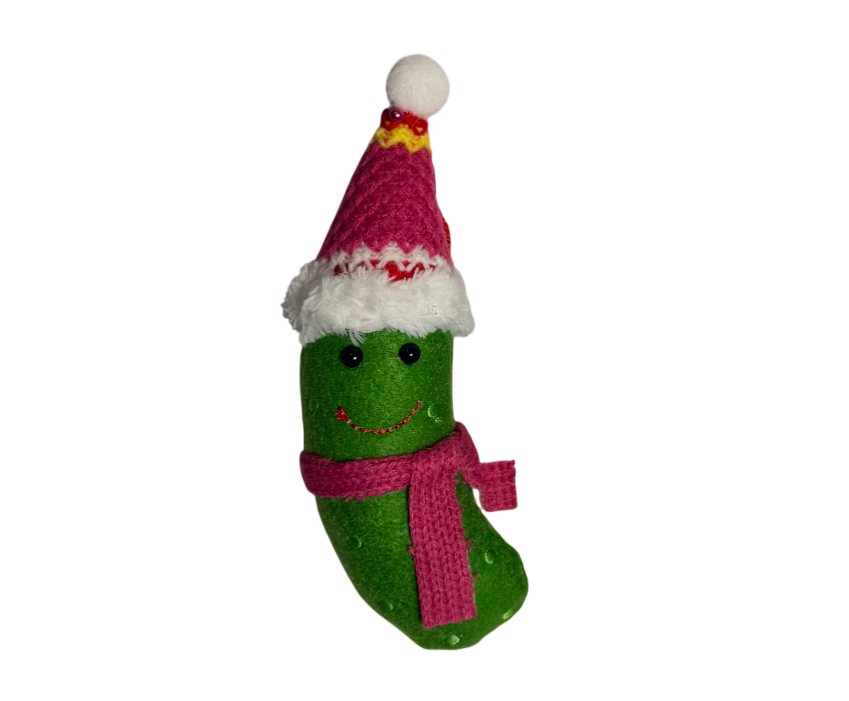 Pickle with red hat and scarf