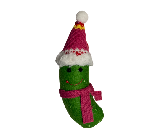 Pickle with red hat and scarf